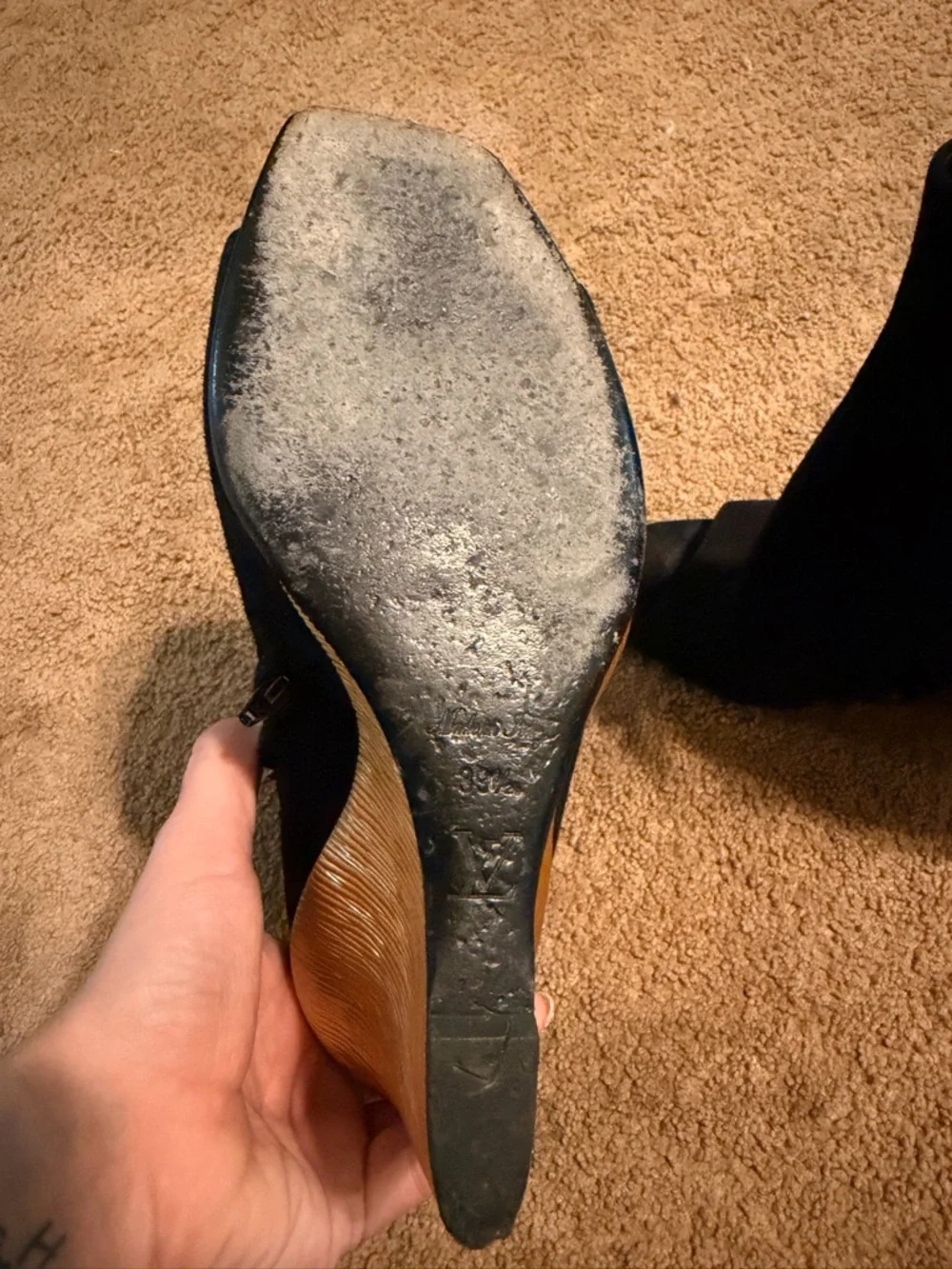 Louis Vuitton Black Suede Peep-Toe Wedge Ankle Boots with Gold Wedge - Picture 6 of 7